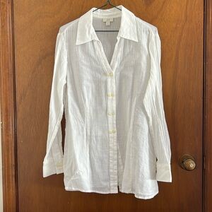 🌞 J. Jill sheer white long sleeve button up blouse with crinkled crepe look S